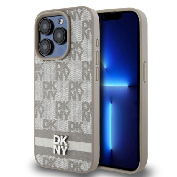 DKNY PU Leather Checkered Pattern and Stripe Beige Kryt iPhone 14 Pro Max
