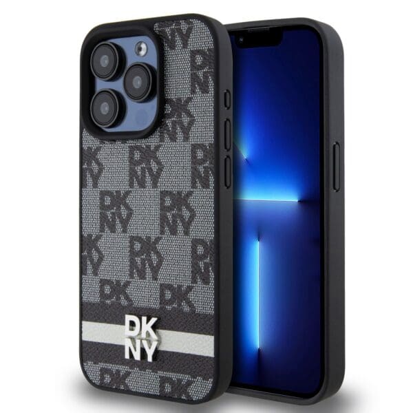 DKNY PU Leather Checkered Pattern and Stripe Black Kryt iPhone 14 Pro Max