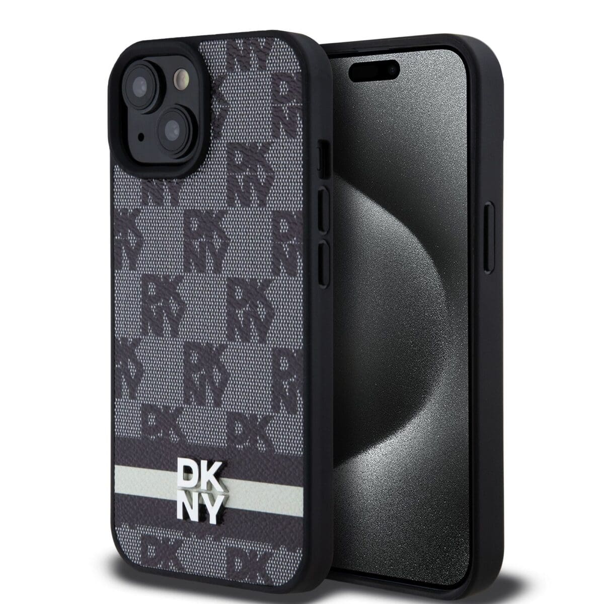 DKNY PU Leather Checkered Pattern and Stripe Black Kryt iPhone 15