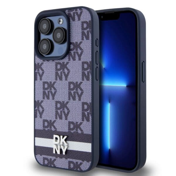 DKNY PU Leather Checkered Pattern and Stripe Blue Kryt iPhone 15 Pro Max