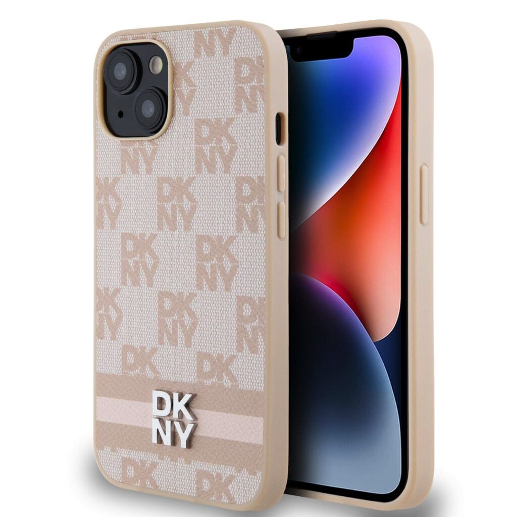 DKNY PU Leather Checkered Pattern and Stripe Pink Kryt iPhone 13