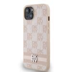 DKNY PU Leather Checkered Pattern and Stripe Pink Kryt iPhone 13