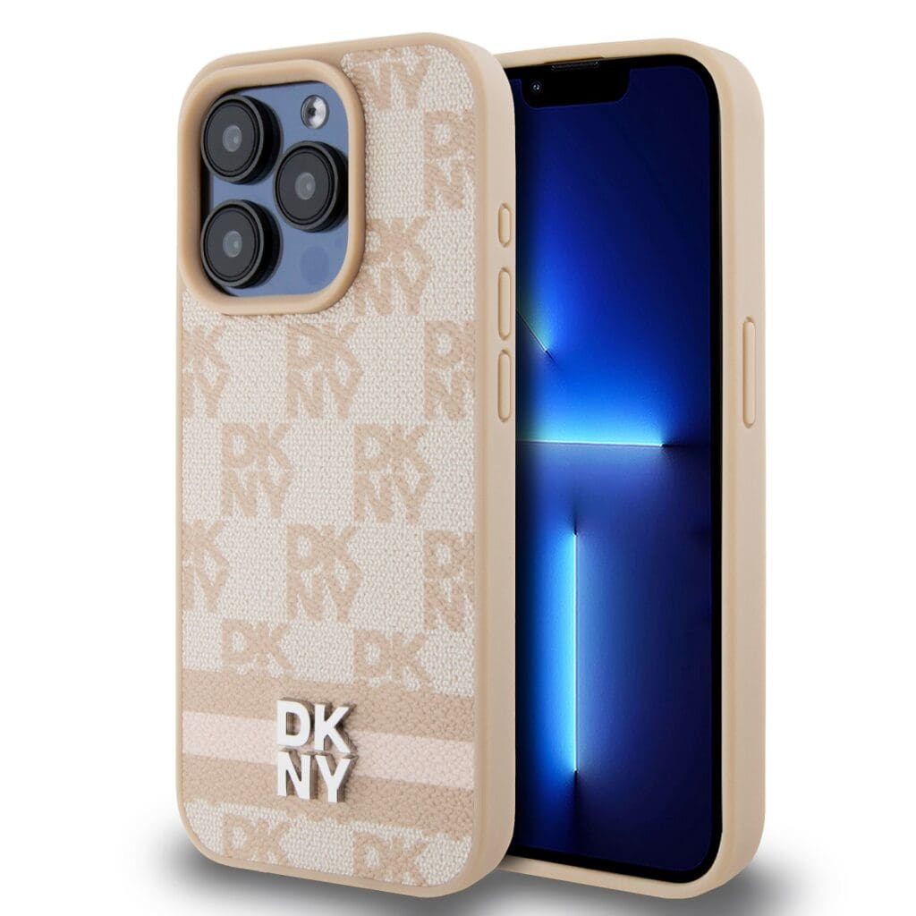 DKNY PU Leather Checkered Pattern and Stripe Pink Kryt iPhone 13 Pro