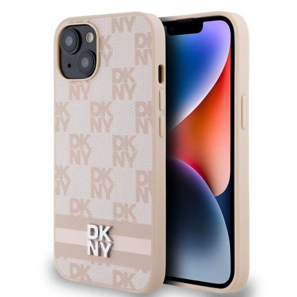 DKNY PU Leather Checkered Pattern and Stripe Pink Kryt iPhone 14