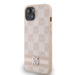 DKNY PU Leather Checkered Pattern and Stripe Pink Kryt iPhone 15