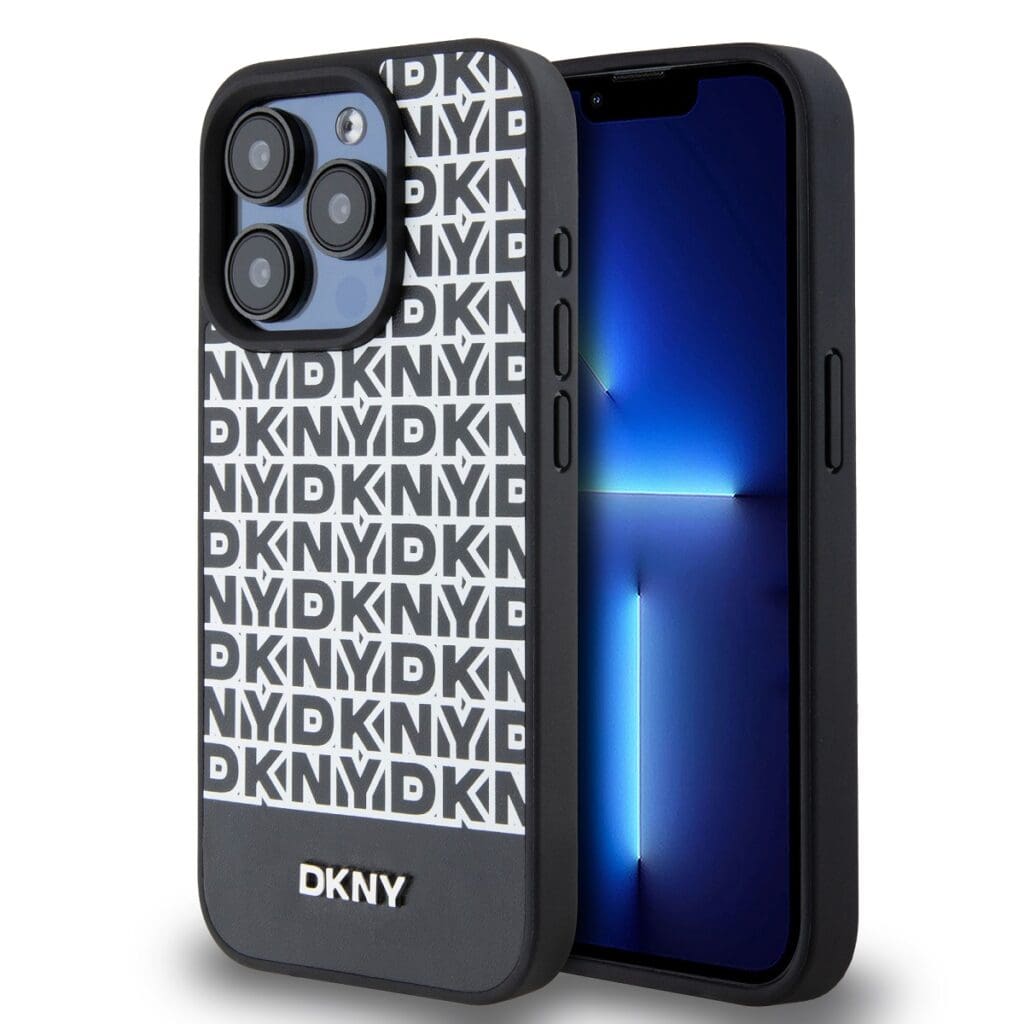 DKNY PU Leather Repeat Pattern Bottom Stripe MagSafe Black Kryt iPhone 12/12 Pro