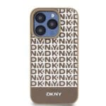 DKNY PU Leather Repeat Pattern Bottom Stripe MagSafe Brown Kryt iPhone 13 Pro