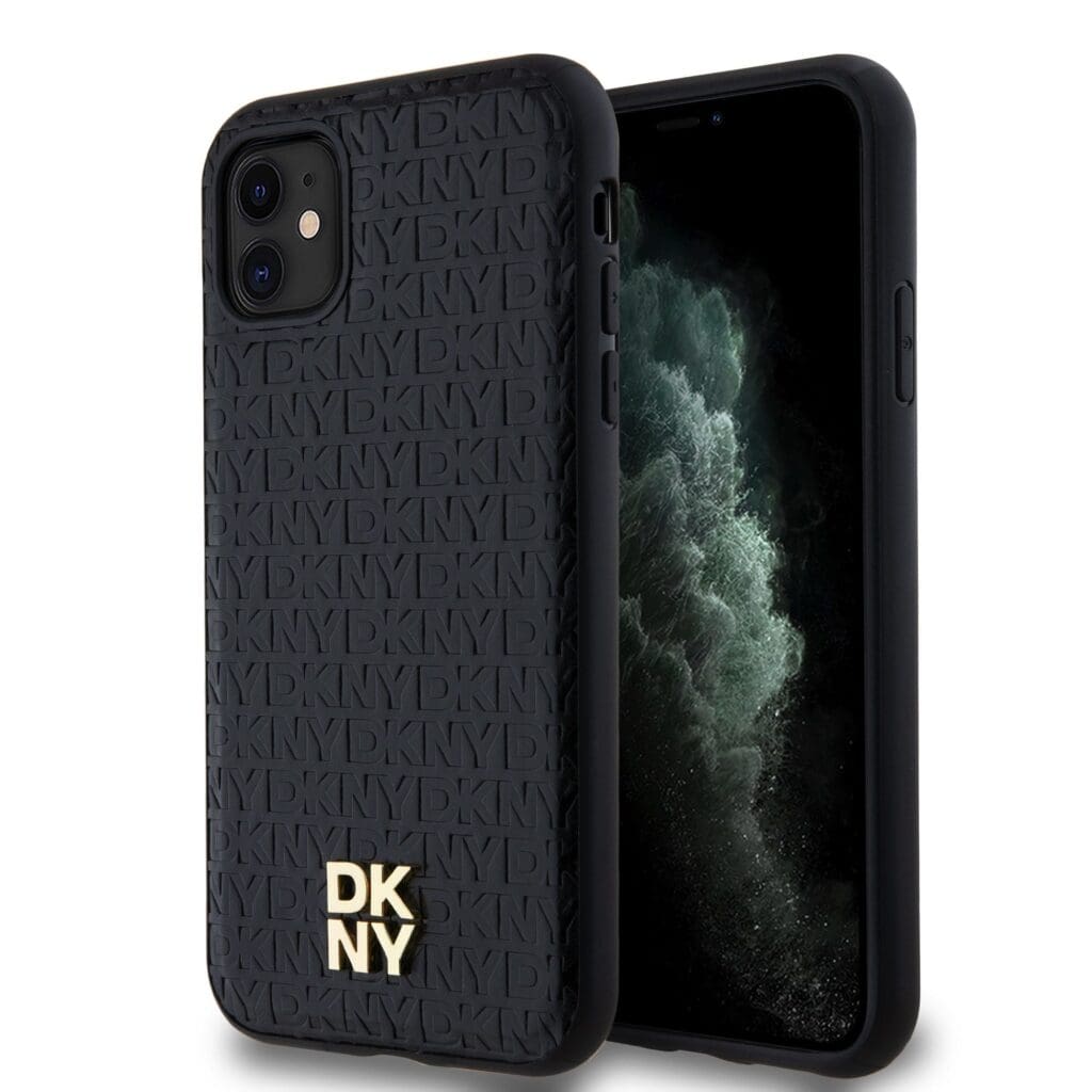DKNY PU Leather Repeat Pattern Stack Logo MagSafe Black Kryt iPhone 11