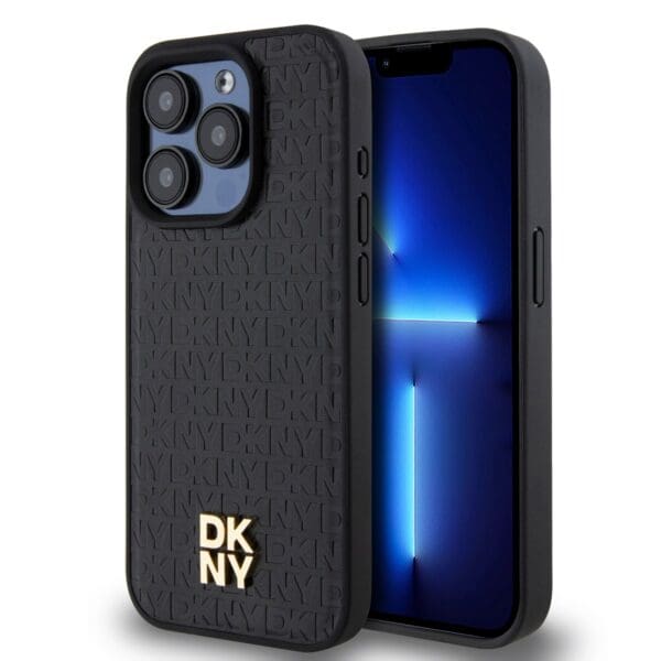 DKNY PU Leather Repeat Pattern Stack Logo MagSafe Black Kryt iPhone 14 Pro