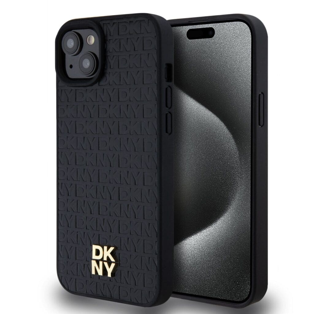 DKNY PU Leather Repeat Pattern Stack Logo MagSafe Black Kryt iPhone 15 Plus
