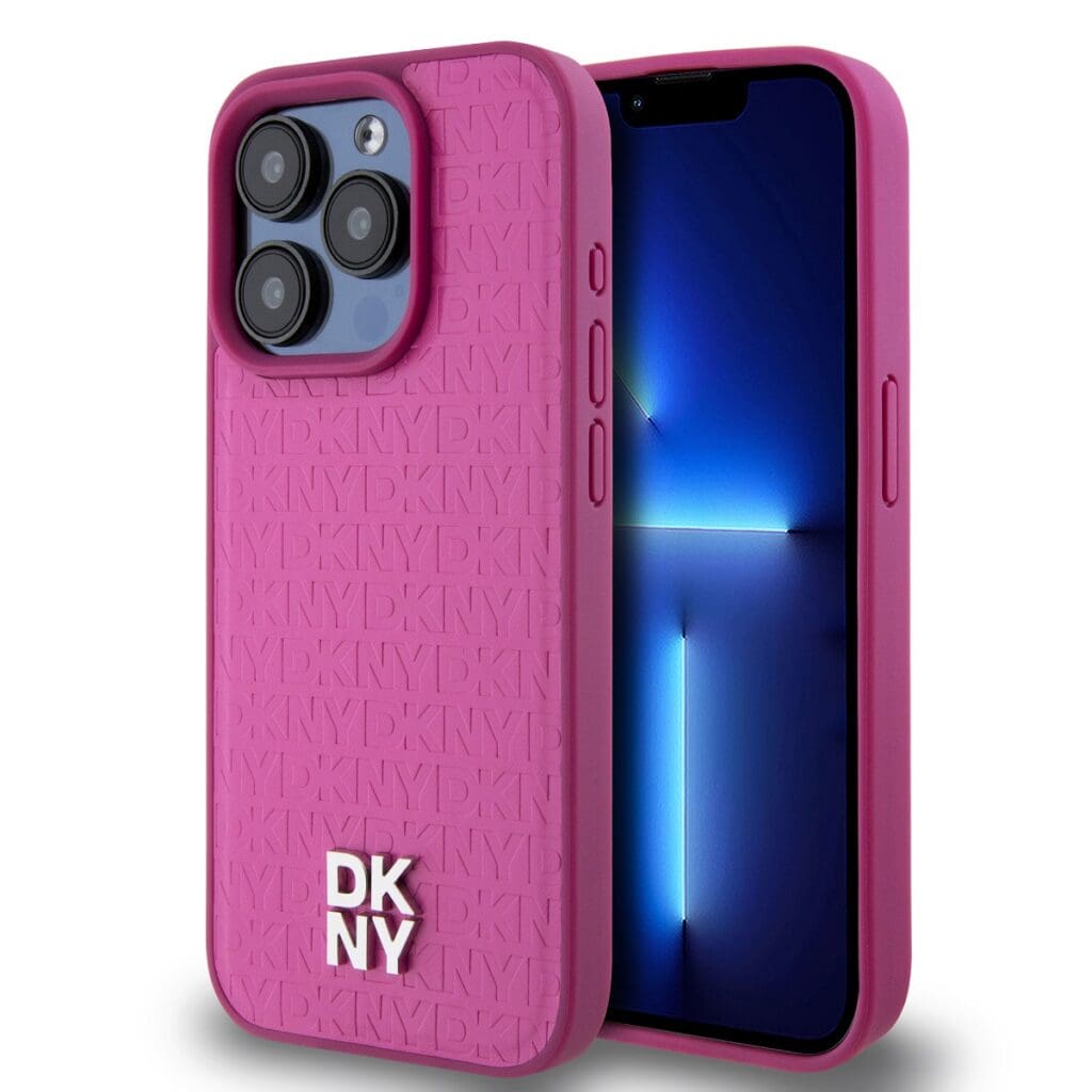 DKNY PU Leather Repeat Pattern Stack Logo MagSafe Pink Kryt iPhone 15 Pro