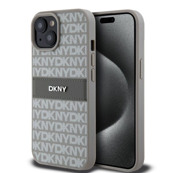 DKNY PU Leather Repeat Pattern Tonal Stripe Beige Kryt iPhone 15