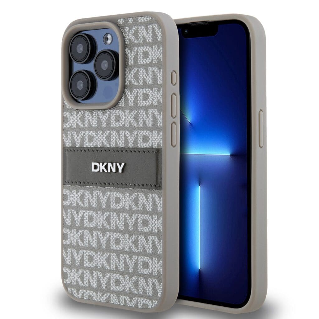 DKNY PU Leather Repeat Pattern Tonal Stripe Beige Kryt iPhone 15 Pro