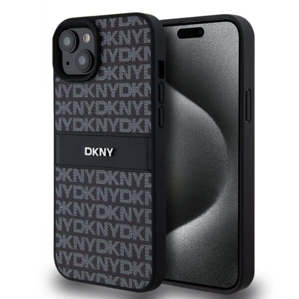 DKNY PU Leather Repeat Pattern Tonal Stripe Black Kryt iPhone 15 Plus