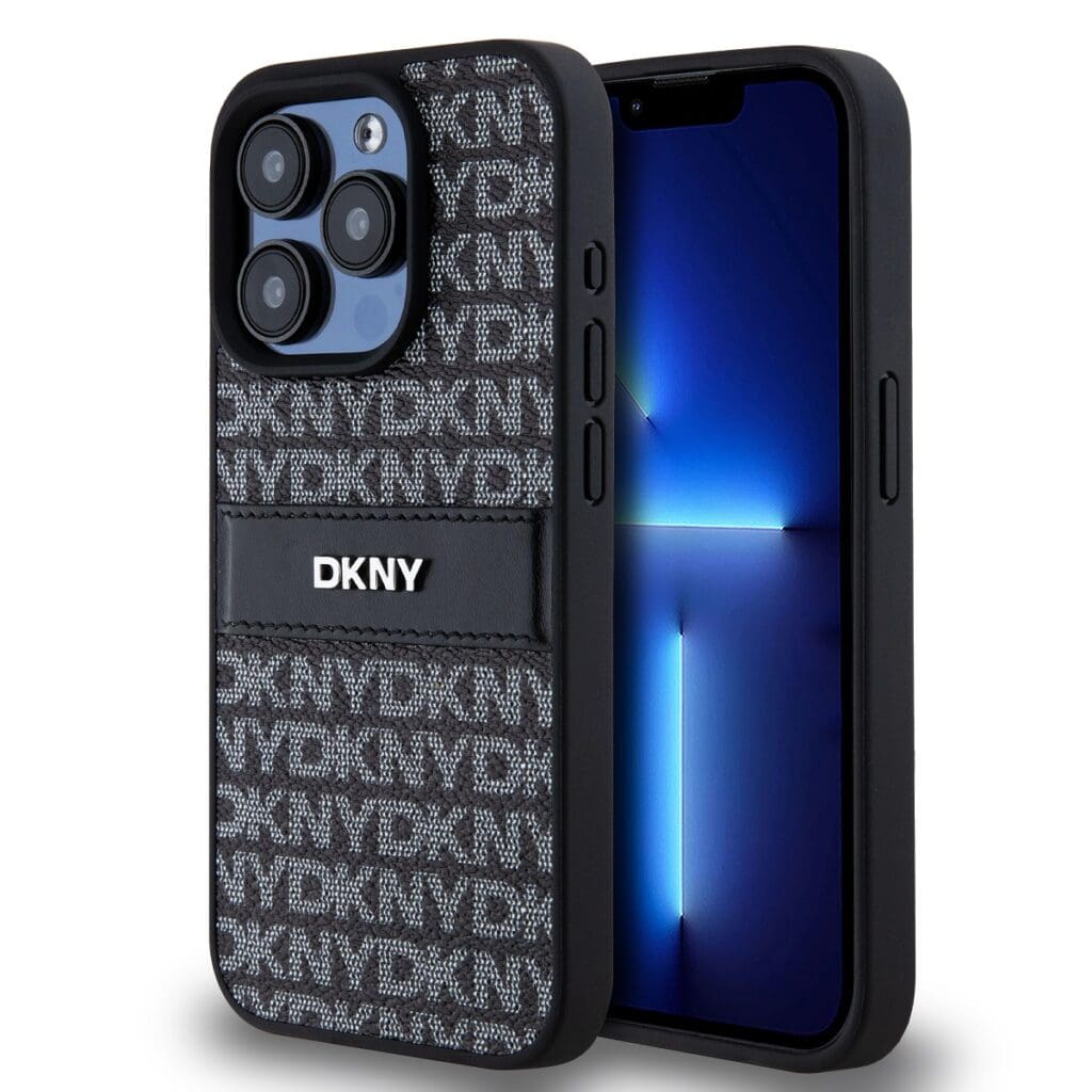 DKNY PU Leather Repeat Pattern Tonal Stripe Black Kryt iPhone 15 Pro