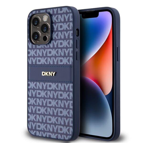 DKNY PU Leather Repeat Pattern Tonal Stripe Blue Kryt iPhone 14 Pro