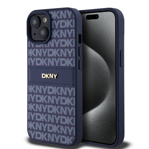DKNY PU Leather Repeat Pattern Tonal Stripe Blue Kryt iPhone 15