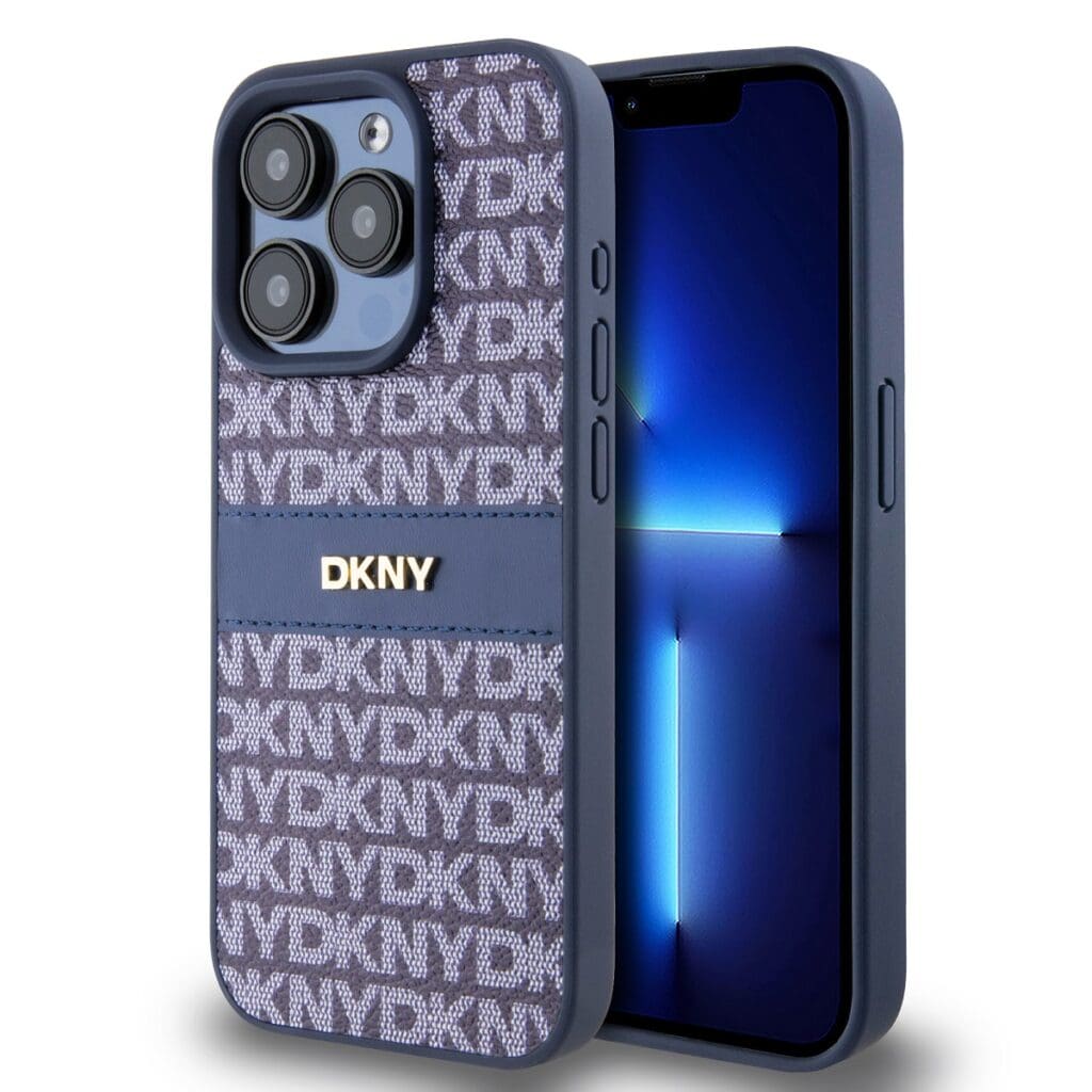 DKNY PU Leather Repeat Pattern Tonal Stripe Blue Kryt iPhone 15 Pro