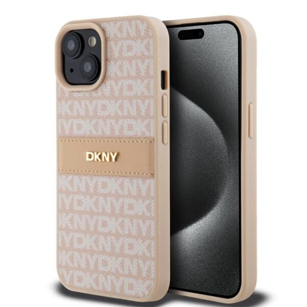 DKNY PU Leather Repeat Pattern Tonal Stripe Pink Kryt iPhone 15