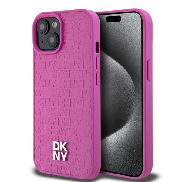 DKNY PU Leather Repeat Pattern Stack Logo MagSafe Pink Kryt iPhone 15