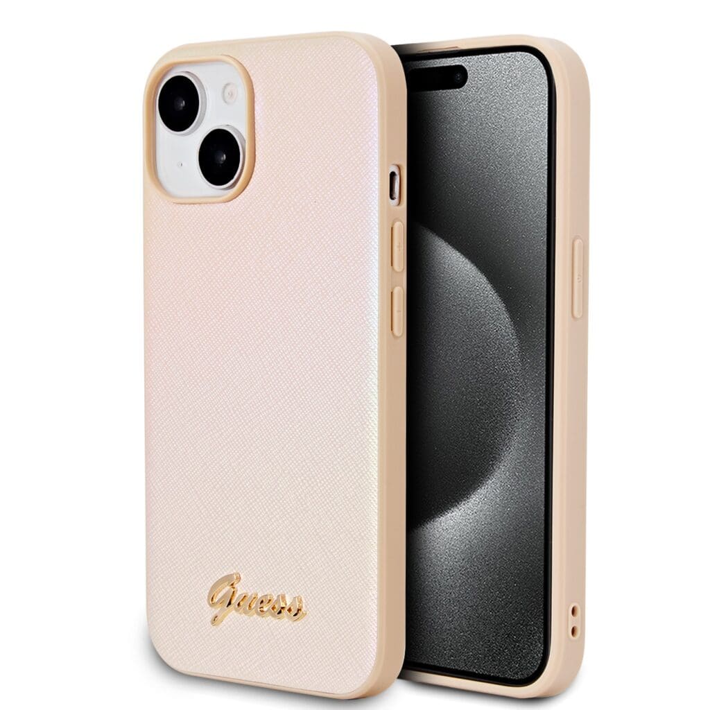 Guess PU Leather Iridescent Metal Script Gold Kryt iPhone 15