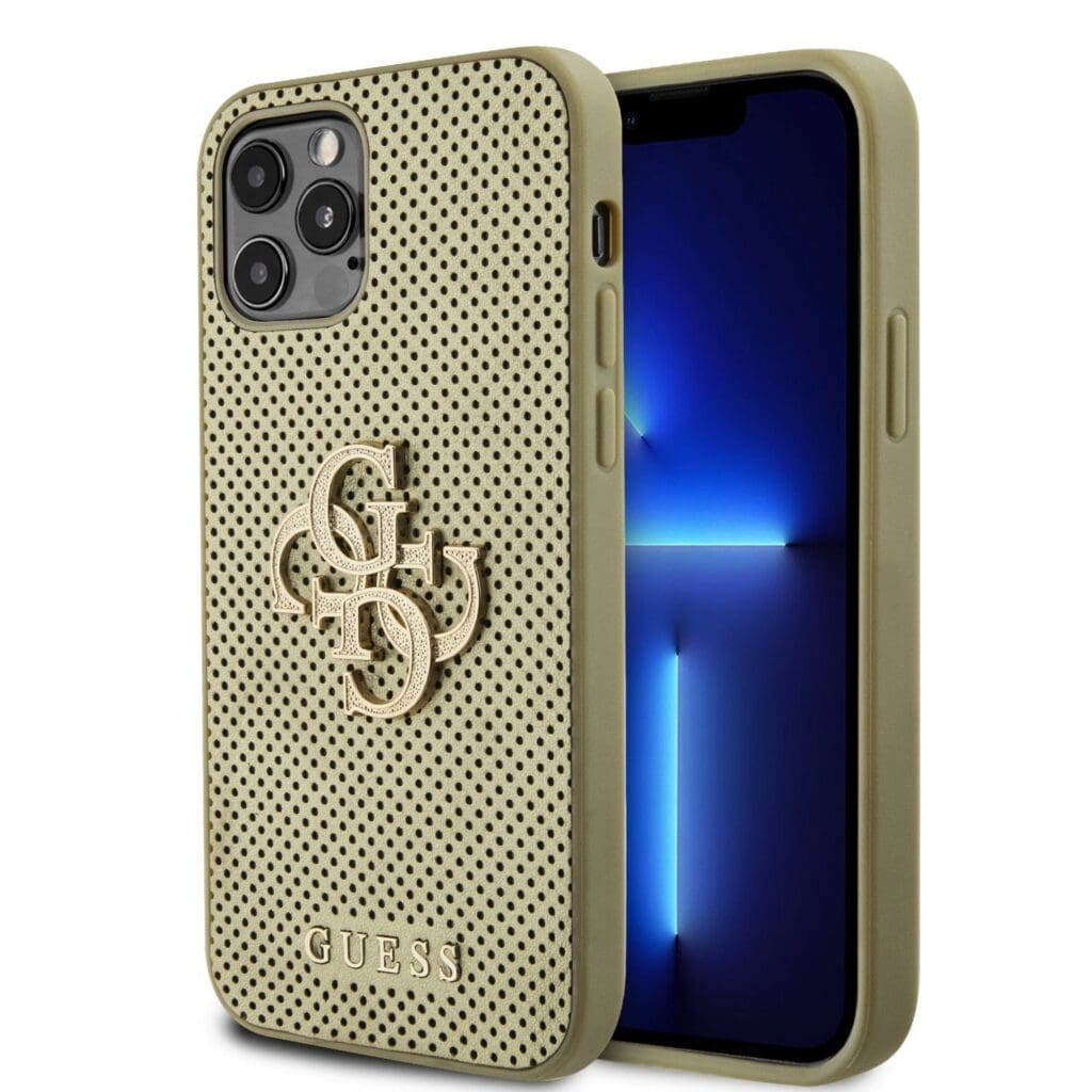 Guess PU Perforated 4G Glitter Metal Logo Gold Kryt iPhone 12/12 Pro