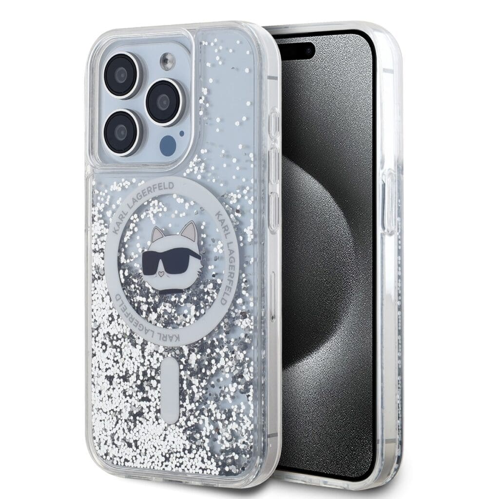 Karl Lagerfeld Liquid Glitter Choupette Head MagSafe Transparent Kryt iPhone 15 Pro