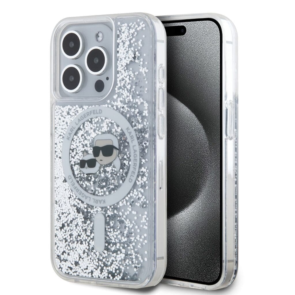 Karl Lagerfeld Liquid Glitter Karl and Choupette Heads MagSafe Transparent Kryt iPhone 15 Pro