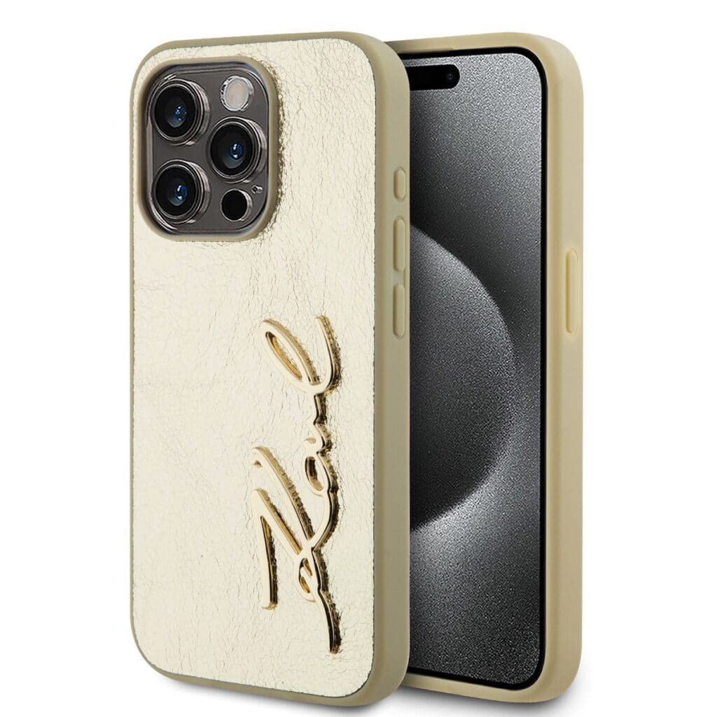 Karl Lagerfeld Wrinkled PU Signature Logo Gold Kryt iPhone 15 Pro