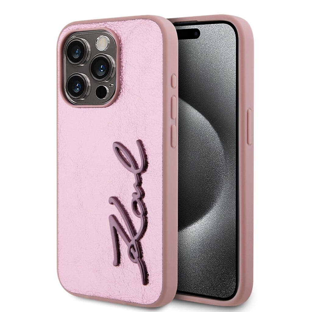 Karl Lagerfeld Wrinkled PU Signature Logo Pink Kryt iPhone 15 Pro