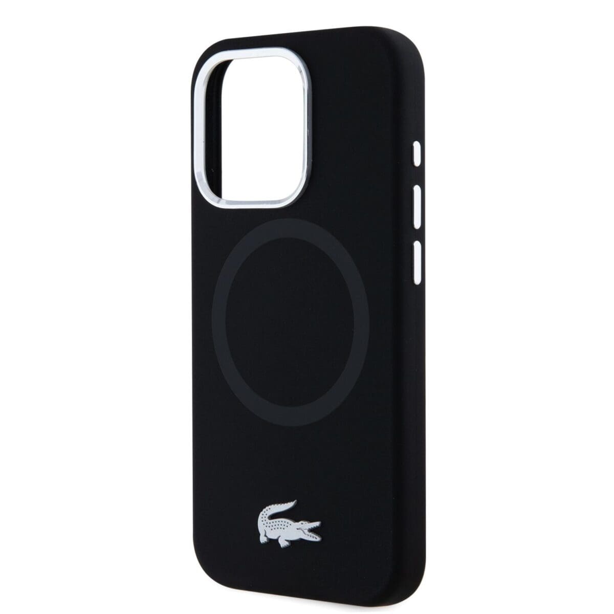 Lacoste Liquid Silicone Microfiber Silver Croc Logo MagSafe Black Kryt iPhone 15 Pro Max