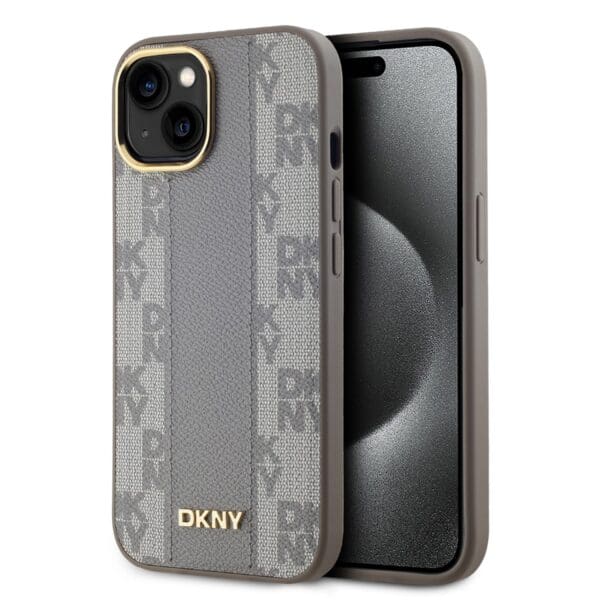 DKNY PU Leather Checkered Pattern MagSafe Beige Kryt iPhone 15