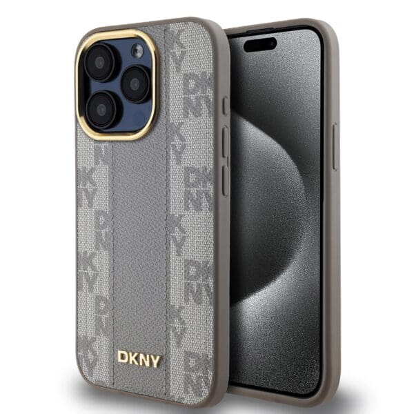 DKNY PU Leather Checkered Pattern MagSafe Beige Kryt iPhone 15 Pro