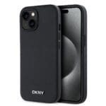 DKNY PU Leather Silver Metal Logo MagSafe Black Kryt iPhone 13