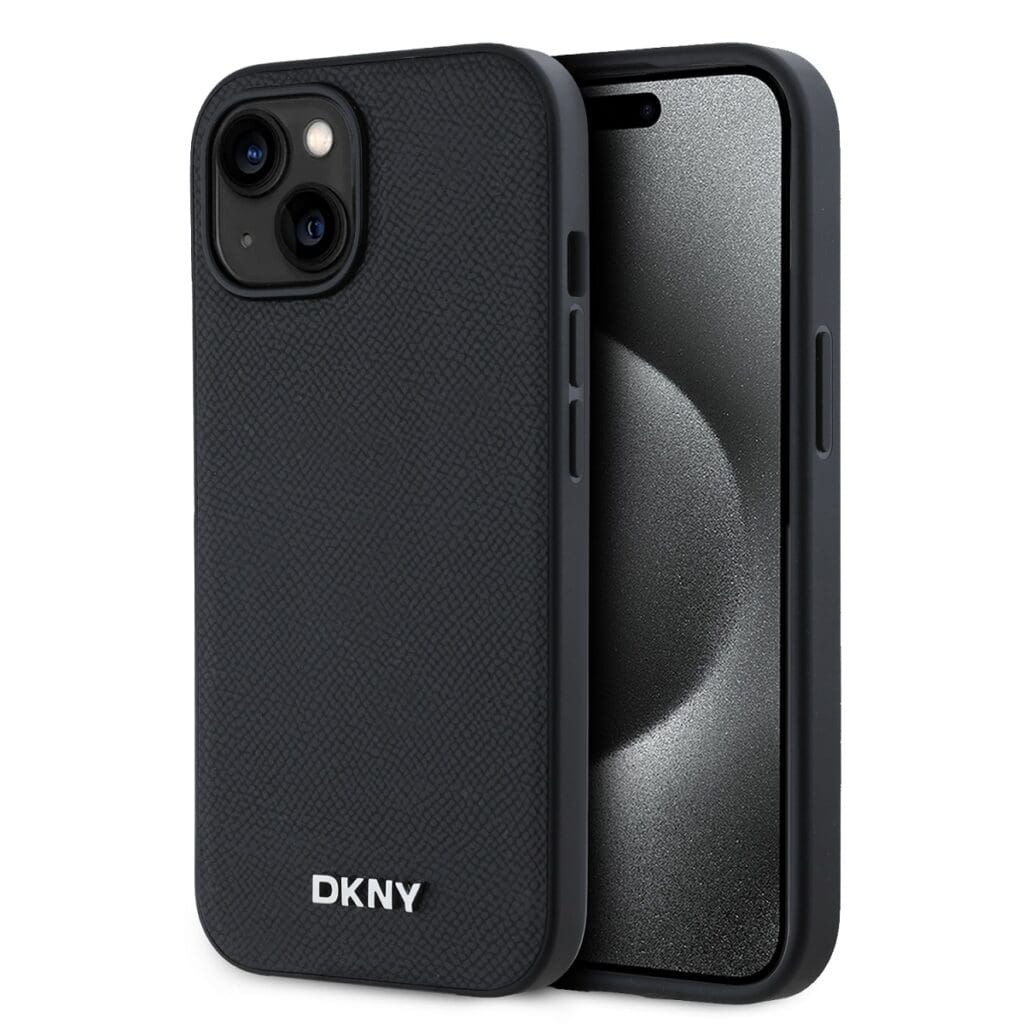 DKNY PU Leather Silver Metal Logo MagSafe Black Kryt iPhone 14