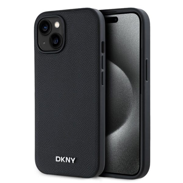 DKNY PU Leather Silver Metal Logo MagSafe Black Kryt iPhone 15