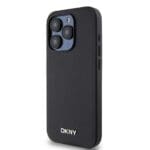 DKNY PU Leather Silver Metal Logo MagSafe Black Kryt iPhone 15 Pro