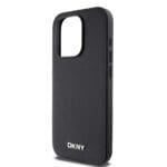 DKNY PU Leather Silver Metal Logo MagSafe Black Kryt iPhone 15 Pro