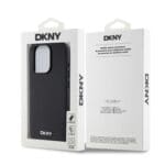 DKNY PU Leather Silver Metal Logo MagSafe Black Kryt iPhone 15 Pro