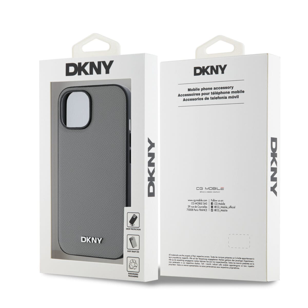 DKNY PU Leather Silver Metal Logo MagSafe Grey Kryt iPhone 13