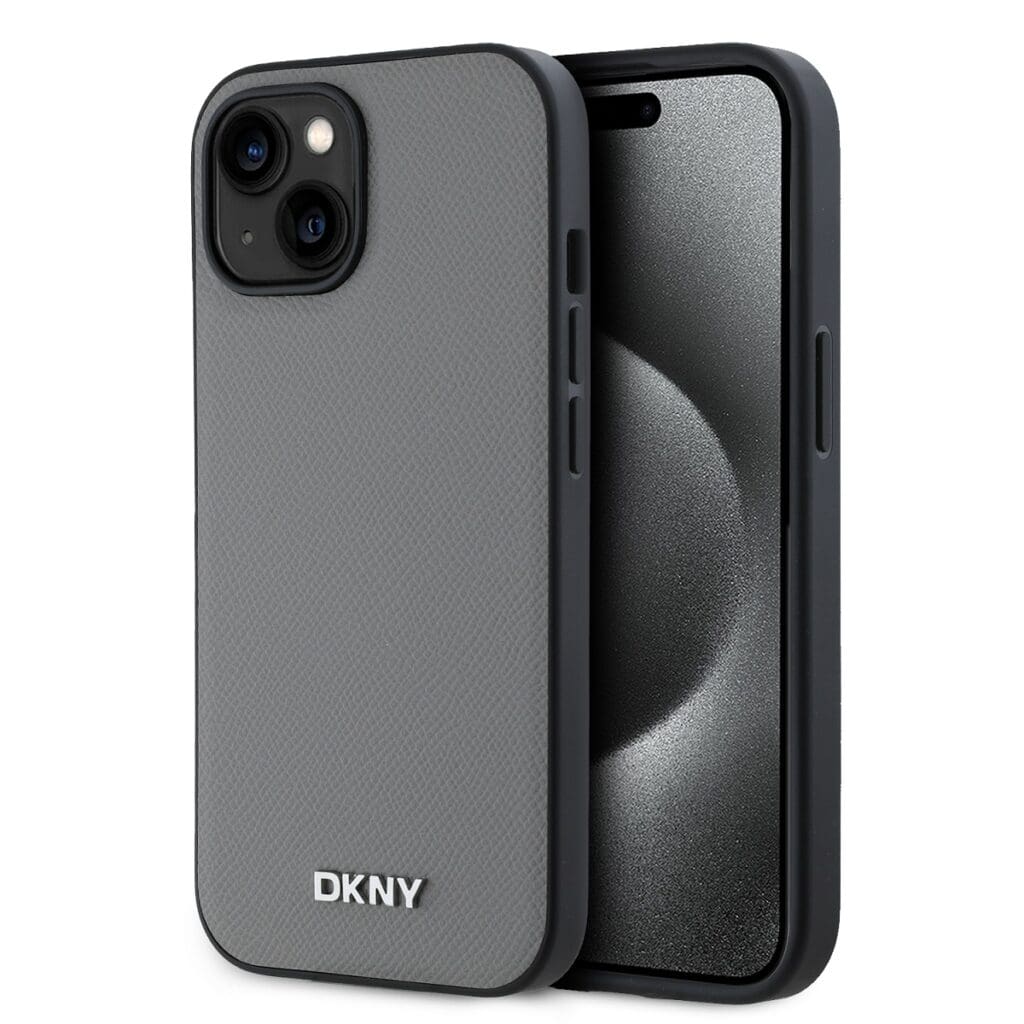 DKNY PU Leather Silver Metal Logo MagSafe Grey Kryt iPhone 14