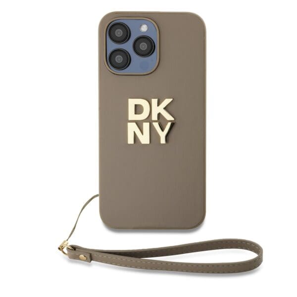 DKNY PU Leather Stack Logo Wrist Strap Beige Kryt iPhone 14 Pro Max