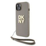 DKNY PU Leather Stack Logo Wrist Strap Beige Kryt iPhone 15