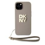 DKNY PU Leather Stack Logo Wrist Strap Beige Kryt iPhone 15