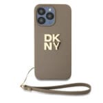 DKNY PU Leather Stack Logo Wrist Strap Beige Kryt iPhone 15 Pro