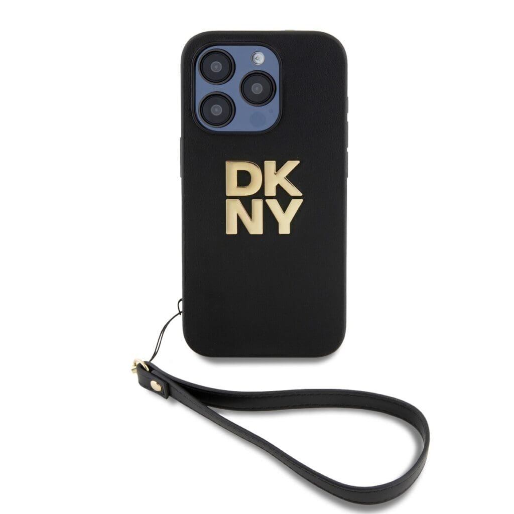 DKNY PU Leather Stack Logo Wrist Strap Black Kryt iPhone 14 Pro