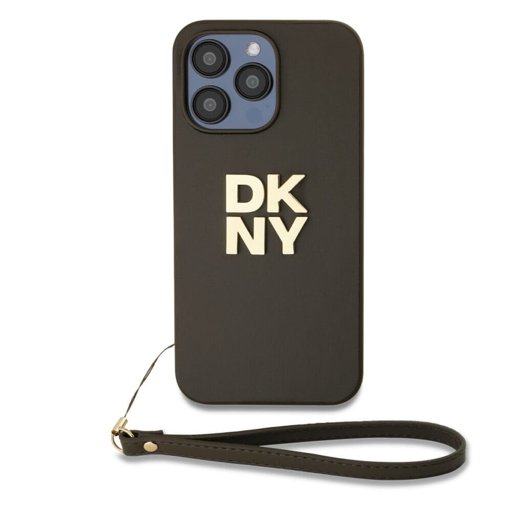 DKNY PU Leather Stack Logo Wrist Strap Brown Kryt iPhone 15 Pro