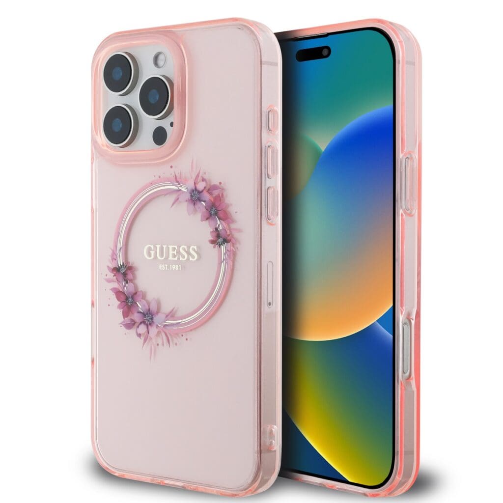 Guess IML Flowers Ring MagSafe Pink Kryt iPhone 16 Pro