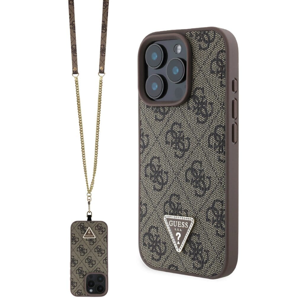 Guess PU 4G Strass Triangle Metal Logo + Crossbody Brown Kryt iPhone 16 Pro Max