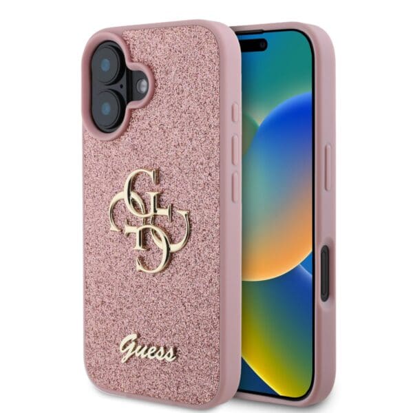 Guess PU Fixed Glitter 4G Metal Logo Pink Kryt iPhone 16